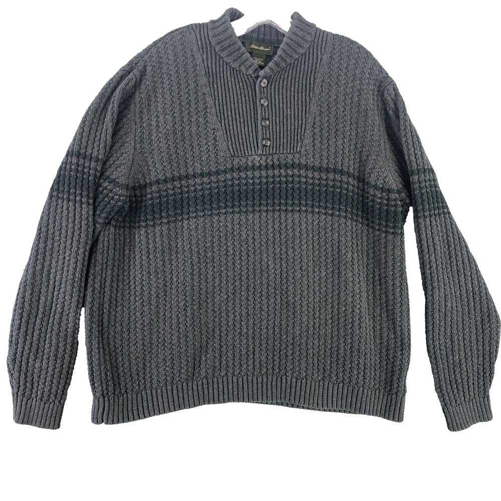 Vintage Eddie Bauer Sweater Men's XL Knit Gray Cotton Henley Heavy‎ Fisherman